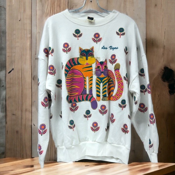 Vintage Art Paint all over cats and daisies gold colorful women’s sweatshirt OS - Picture 1 of 9